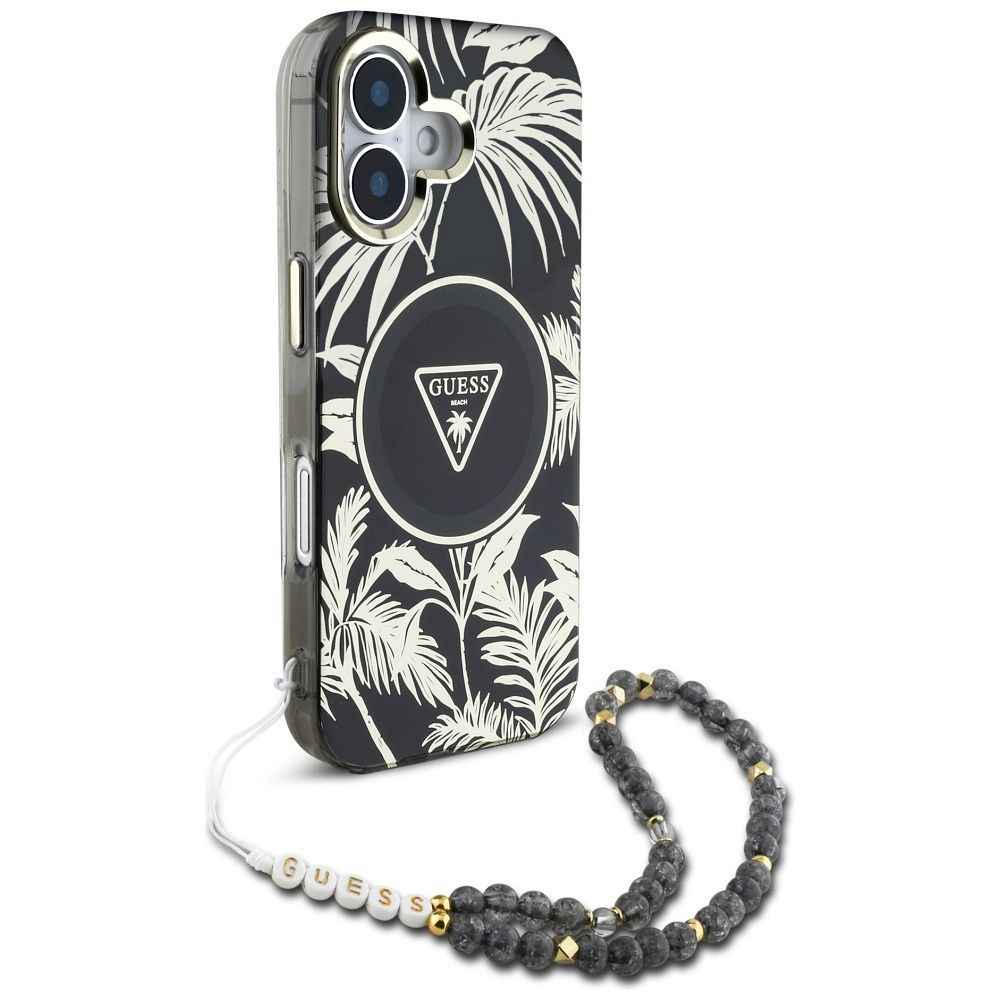 GUESS futerał do IPHONE 16 kompatybilny z MagSafe GUHMP16SHPCTPLSK (IML Palm Trees Triangle W/ Pearl Strap) czarny