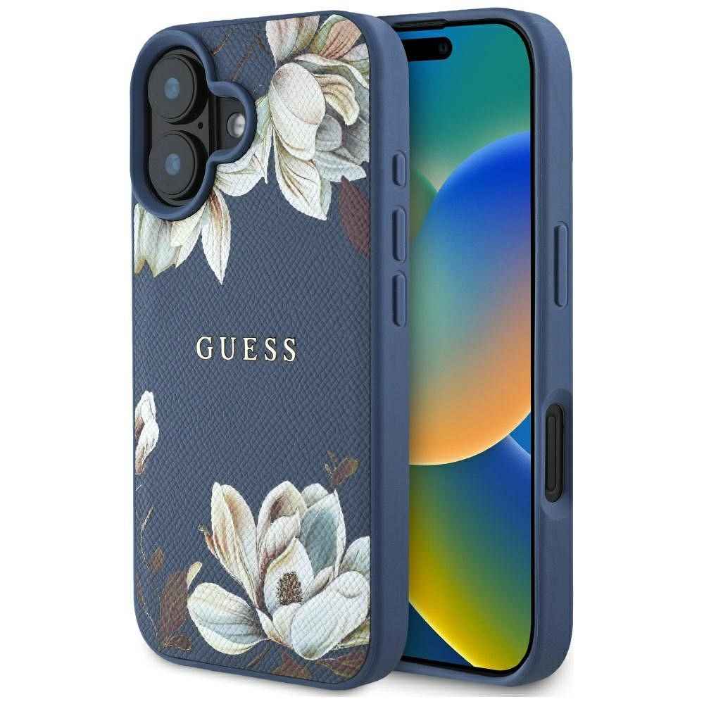 GUESS futerał do IPHONE 16 kompatybilny z MagSafe GUHMP16SPGNMPLMB (PU Grained Flowers Classic Logo) niebieski