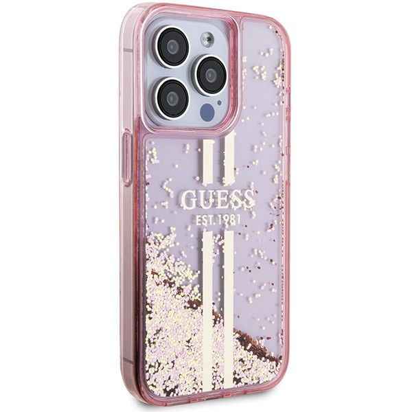 GUESS futerał do IPHONE 15 Pro GUHCP15LLFCSEGP (Liquid Glitter Gold Stripes) różowy