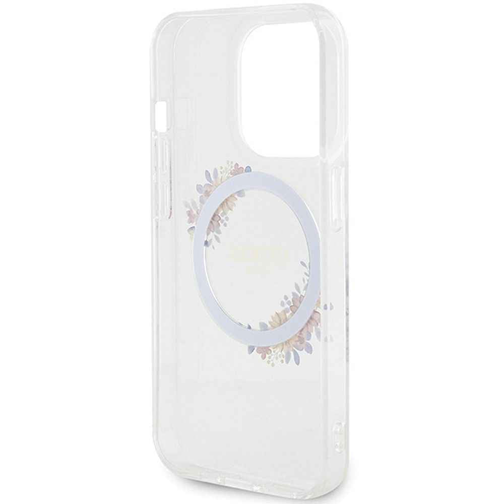 GUESS futerał do IPHONE 15 Pro kompatybilny z MagSafe GUHMP15LHFWFCT (Flowers Wreath) transparentny