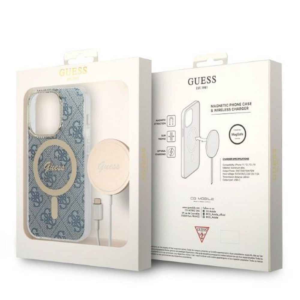 GUESS zestaw do IPHONE 14 Pro kompatybilny z MagSafe GUBPP14LH4EACSB (Bundle Pack / Case + Charger / 4G) złoty niebieski