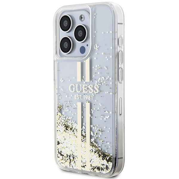GUESS futerał do IPHONE 15 Pro GUHCP15LLFCSEGT (Liquid Glitter Gold Stripes) transparentny