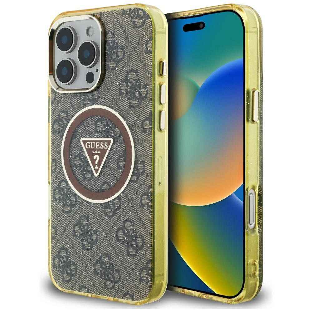 GUESS futerał do IPHONE 16 Pro Max kompatybilny z MagSafe GUHMP16XHG4PRTGW (IML Metal Glitter 4G Circle Triangle) brązowy