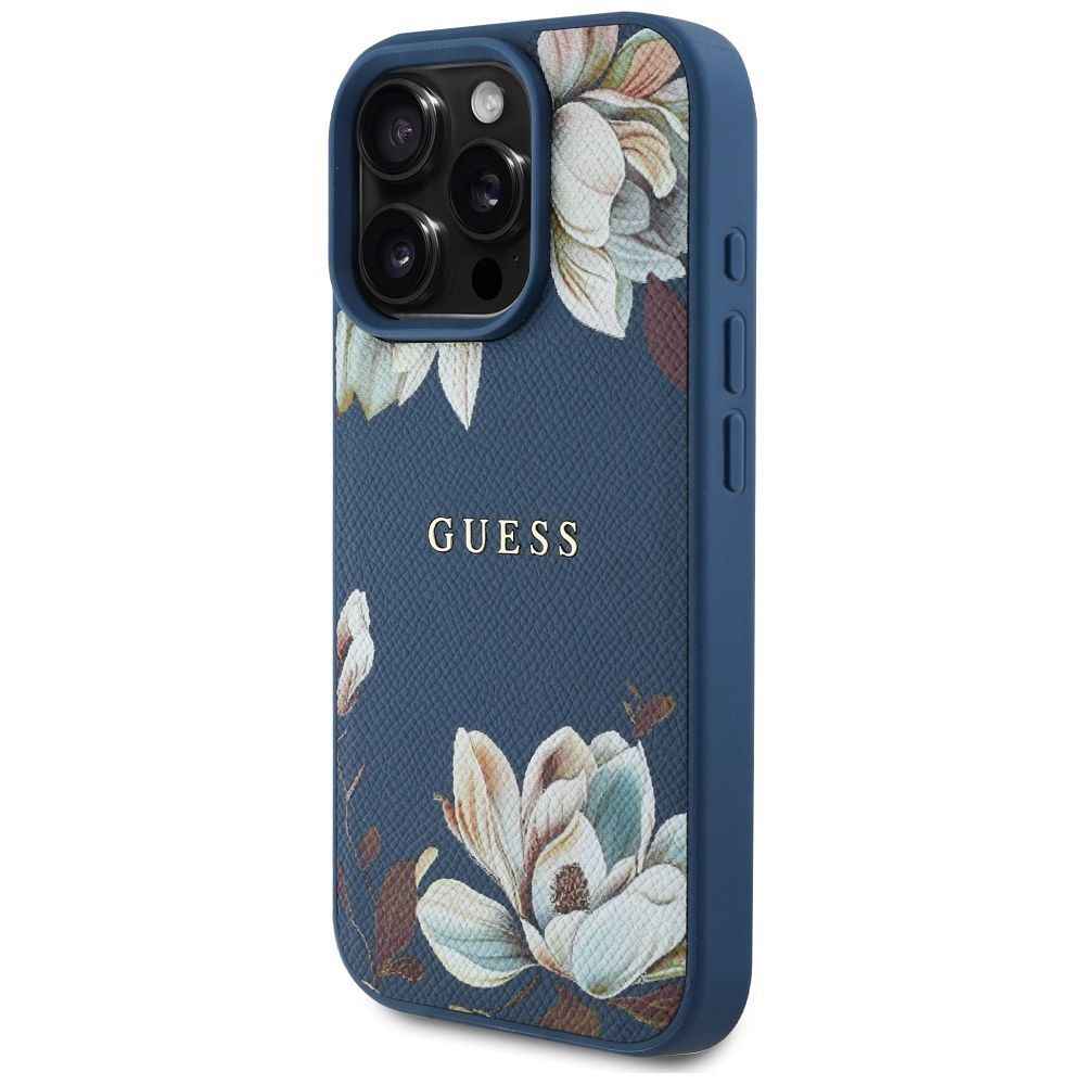 GUESS futerał do IPHONE 16 Pro Max kompatybilny z MagSafe GUHMP16XPGNMPLMB (PU Grained Flowers Classic Logo) niebieski