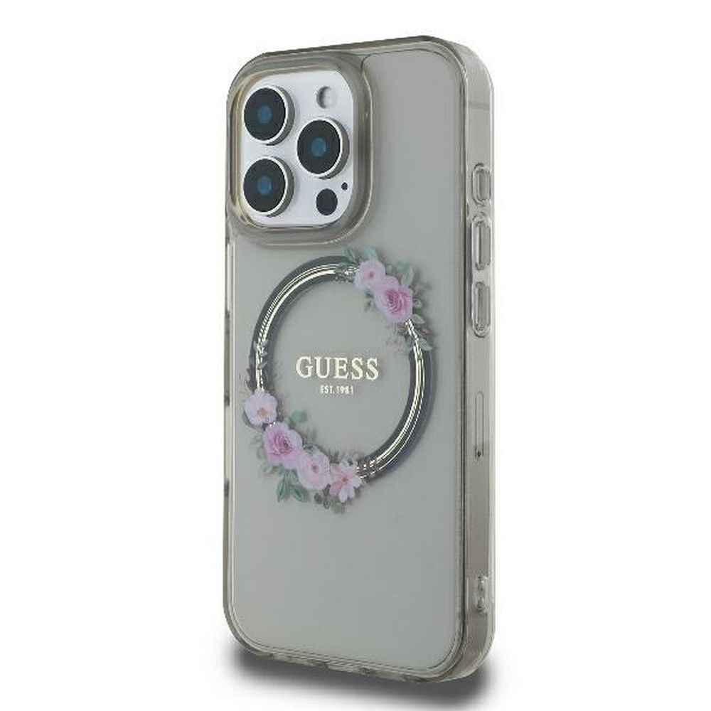 GUESS futerał do IPHONE 16 Pro kompatybilny z MagSafe GUHMP16LHFWFCK (IML Flowers Wreath) czarny