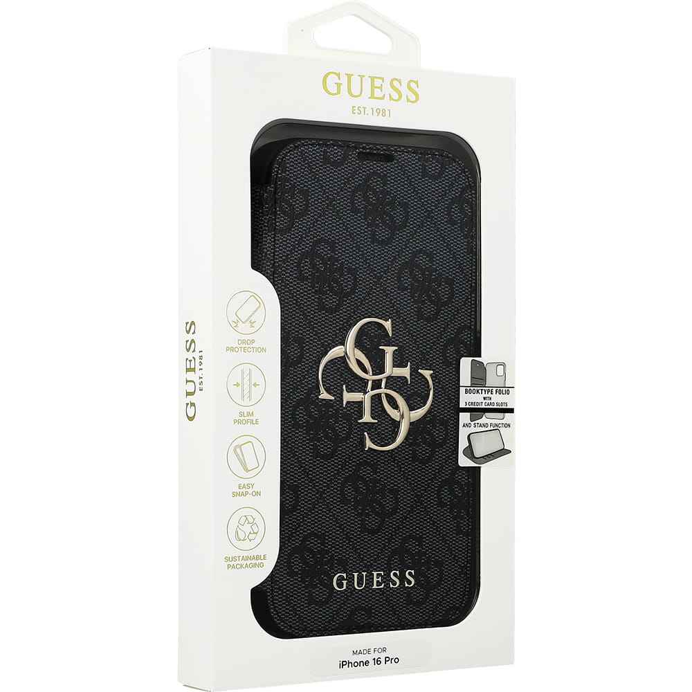 Etui do iPhone 16 Pro zamykane z podstawką Guess 4G Metal Logo, czarna ze złotymi elementami