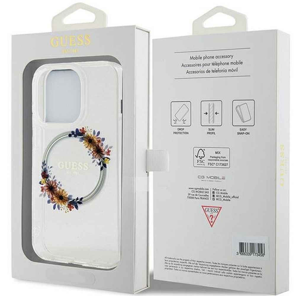 GUESS futerał do IPHONE 15 Pro kompatybilny z MagSafe GUHMP15LHFWFCT (Flowers Wreath) transparentny