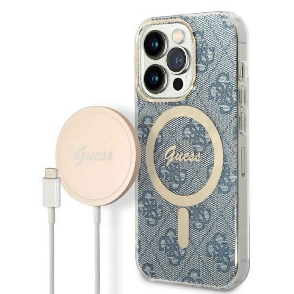 GUESS zestaw do IPHONE 14 Pro kompatybilny z MagSafe GUBPP14LH4EACSB (Bundle Pack / Case + Charger / 4G) złoty niebieski