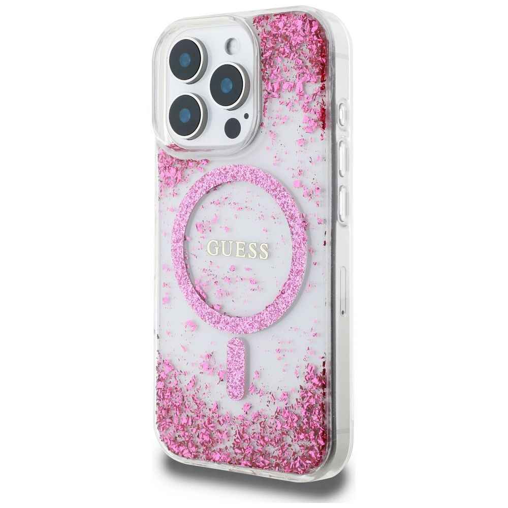 GUESS futerał do IPHONE 16 Pro kompatybilny z MagSafe GUHMP16LRGRGEP (Resin Bottom Glitter) różowy