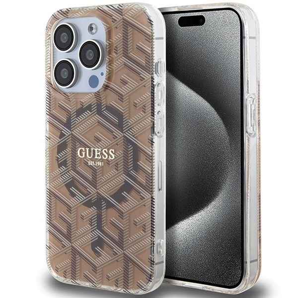 GUESS futerał do IPHONE 15 Pro kompatybilny z MagSafe GUHMP15LHGCUSTGW (IML GCUBE) brązowy