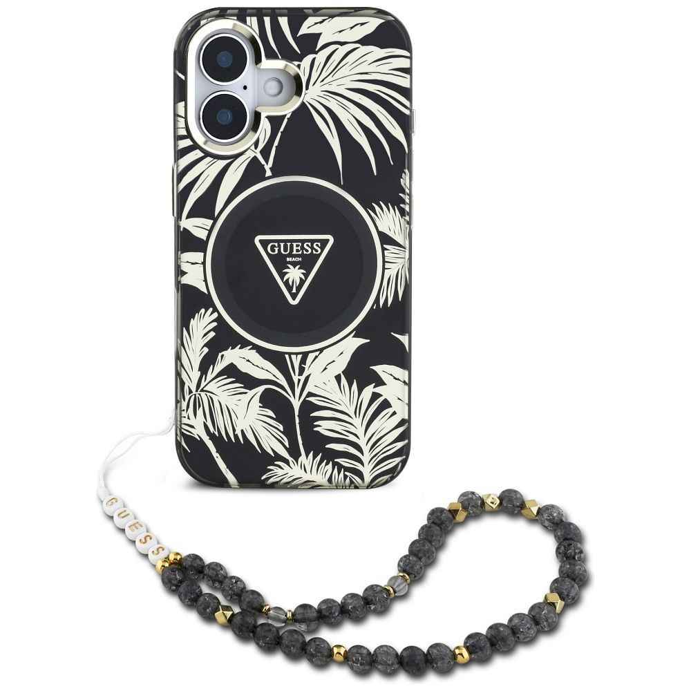 GUESS futerał do IPHONE 16 kompatybilny z MagSafe GUHMP16SHPCTPLSK (IML Palm Trees Triangle W/ Pearl Strap) czarny