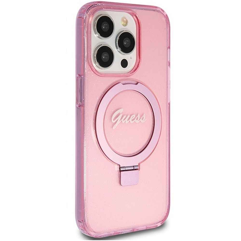 GUESS futerał do IPHONE 15 Pro kompatybilny z MagSafe GUHMP15LHRSGSP (Glitter Script Logo Ring stand) różowy