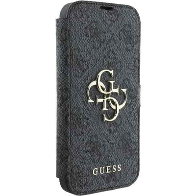 Etui na telefon do iPhone 16 Pro zamykane z podstawką Guess 4G Metal Logo, czarna ze złotymi elementami