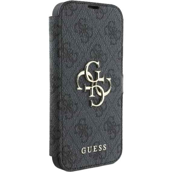 Etui do iPhone 16 Pro zamykane z podstawką Guess 4G Metal Logo, czarna ze złotymi elementami