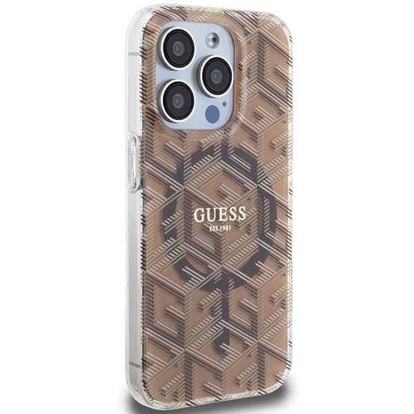 GUESS futerał do IPHONE 15 Pro kompatybilny z MagSafe GUHMP15LHGCUSTGW (IML GCUBE) brązowy