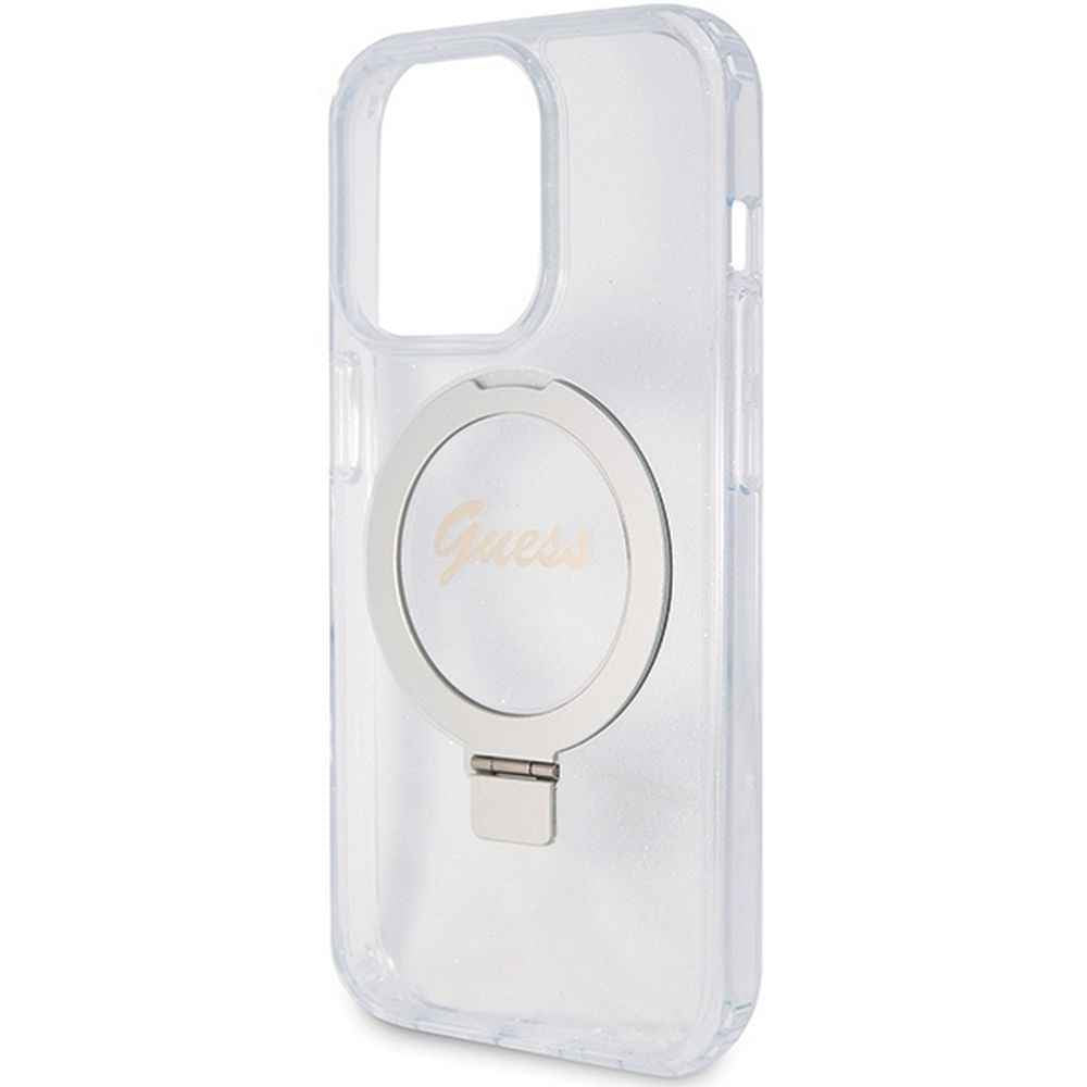 GUESS futerał do IPHONE 15 Pro kompatybilny z MagSafe GUHMP15LHRSGSD (Glitter Script Logo Ring stand) transparentny
