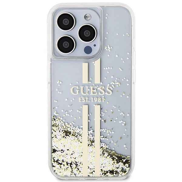 GUESS futerał do IPHONE 15 Pro GUHCP15LLFCSEGT (Liquid Glitter Gold Stripes) transparentny