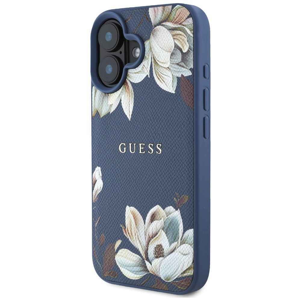 GUESS futerał do IPHONE 16 kompatybilny z MagSafe GUHMP16SPGNMPLMB (PU Grained Flowers Classic Logo) niebieski