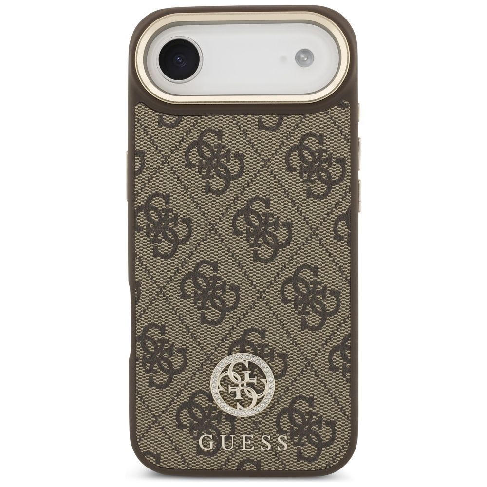 Grafika przedstawia produkt GUESS Etui do iPhone 17 Air kompatybilny z MagSafe GUHMP17MP4G4DCSW (PU W/ Strass Logo & Big Strap Metal Buttons) brązowy dostępny w sklepie Etui24.