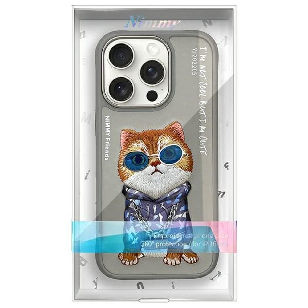 Grafika przedstawia NIMMY futerał GLASSES COOL CAT do iPhone 16 Pro Max szary