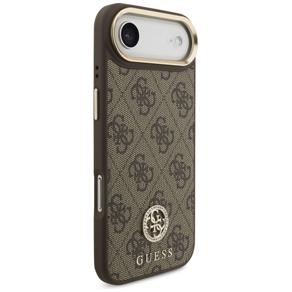 Grafika przedstawia produkt GUESS Etui do iPhone 17 Air kompatybilny z MagSafe GUHMP17MP4G4DCSW (PU W/ Strass Logo & Big Strap Metal Buttons) brązowy dostępny w sklepie Etui24.