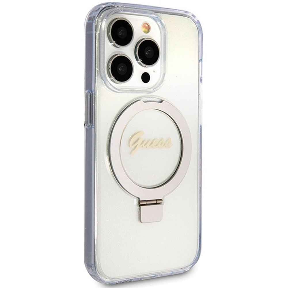 GUESS futerał do IPHONE 15 Pro kompatybilny z MagSafe GUHMP15LHRSGSD (Glitter Script Logo Ring stand) transparentny