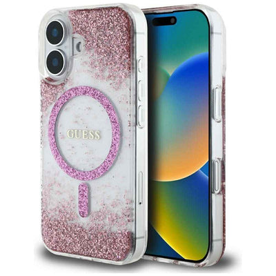 GUESS Etui do iPhone 16 kompatybilny z MagSafe GUHMP16SRGRGEP (Resin Bottom Glitter) różowy