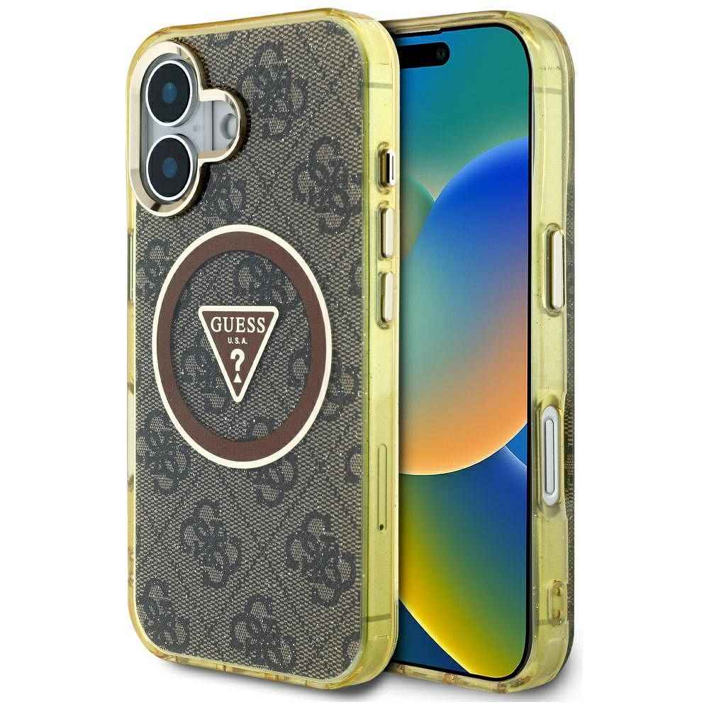 GUESS futerał do IPHONE 16 kompatybilny z MagSafe GUHMP16SHG4PRTGW (IML Metal Glitter 4G Circle Triangle) brązowy