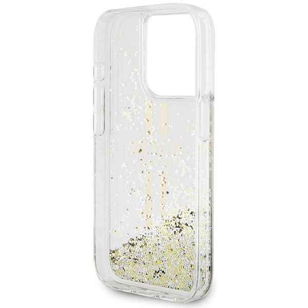 GUESS futerał do IPHONE 15 Pro GUHCP15LLFCSEGT (Liquid Glitter Gold Stripes) transparentny