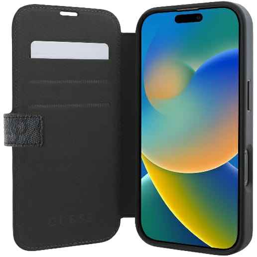 Etui do iPhone 16 Pro zamykane z podstawką Guess 4G Metal Logo, czarna ze złotymi elementami