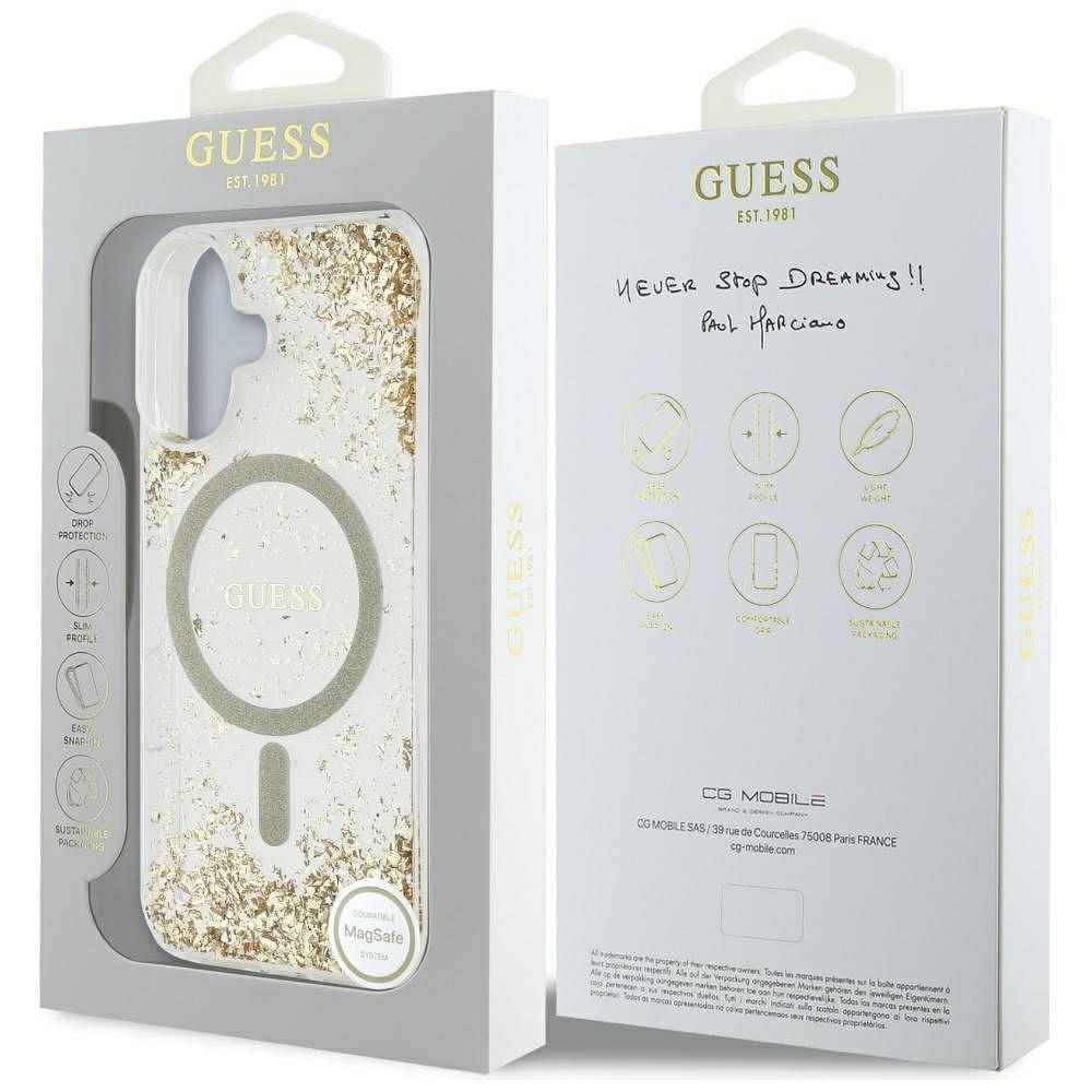 GUESS futerał do IPHONE 16 kompatybilny z MagSafe GUHMP16SRGRGED (Resin Bottom Glitter) złoty