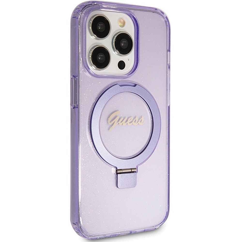 GUESS futerał do IPHONE 15 Pro kompatybilny z MagSafe GUHMP15LHRSGSU (Glitter Script Logo Ring stand) fioletowy