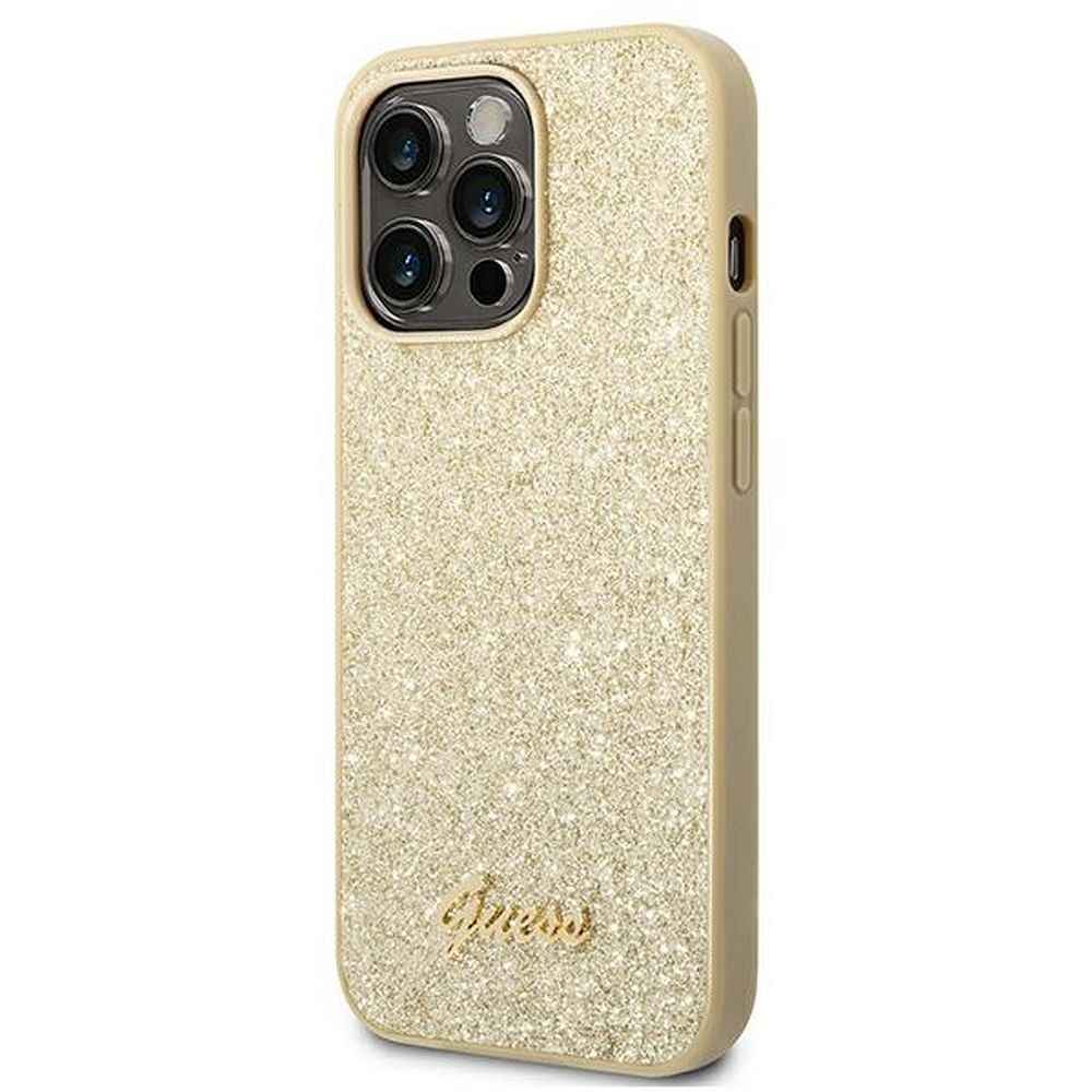 GUESS Etui do iPhone 14 Pro Max GUHCP14XHGGSHD (Glitter Flakes Script Metal Logo) złoty