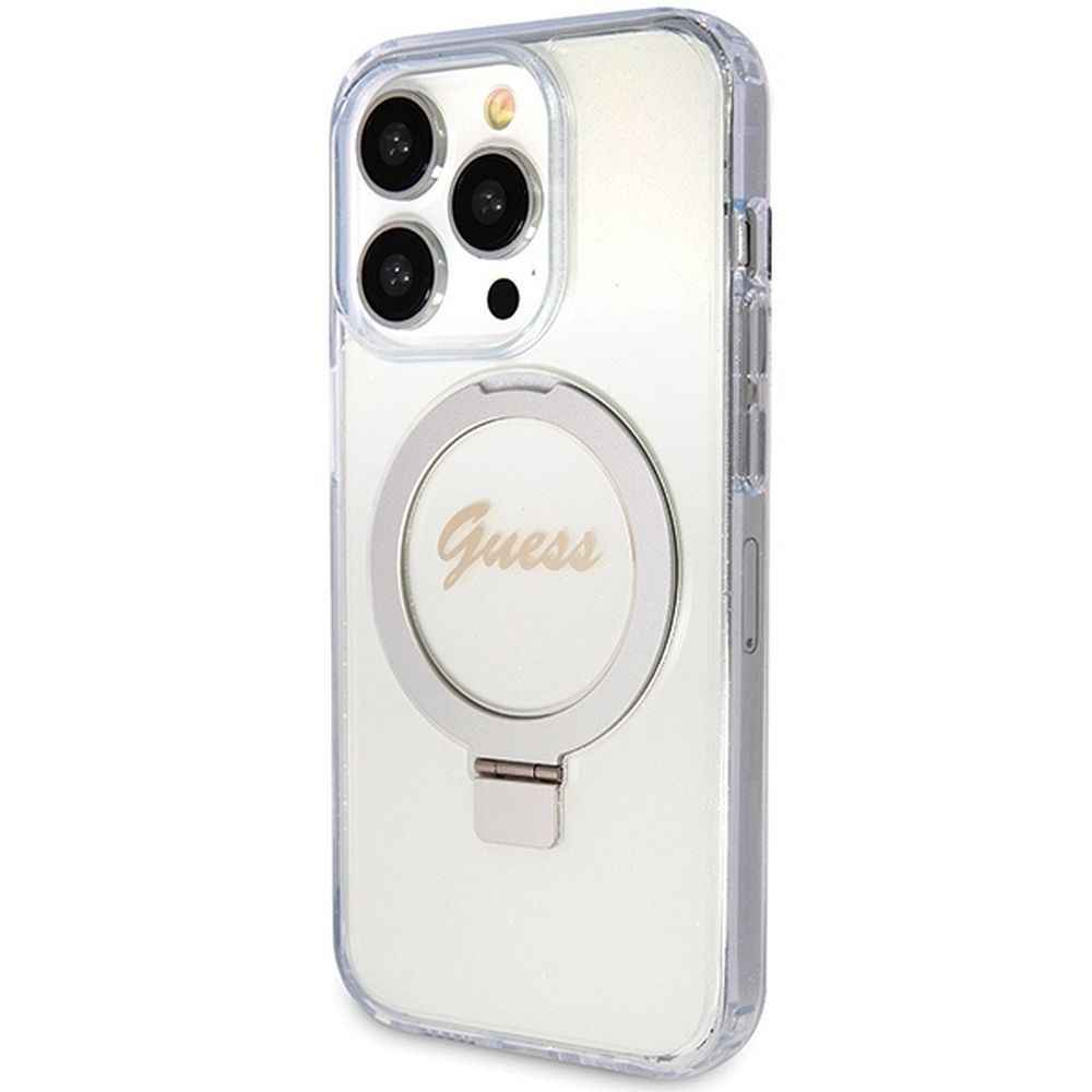 GUESS futerał do IPHONE 15 Pro kompatybilny z MagSafe GUHMP15LHRSGSD (Glitter Script Logo Ring stand) transparentny