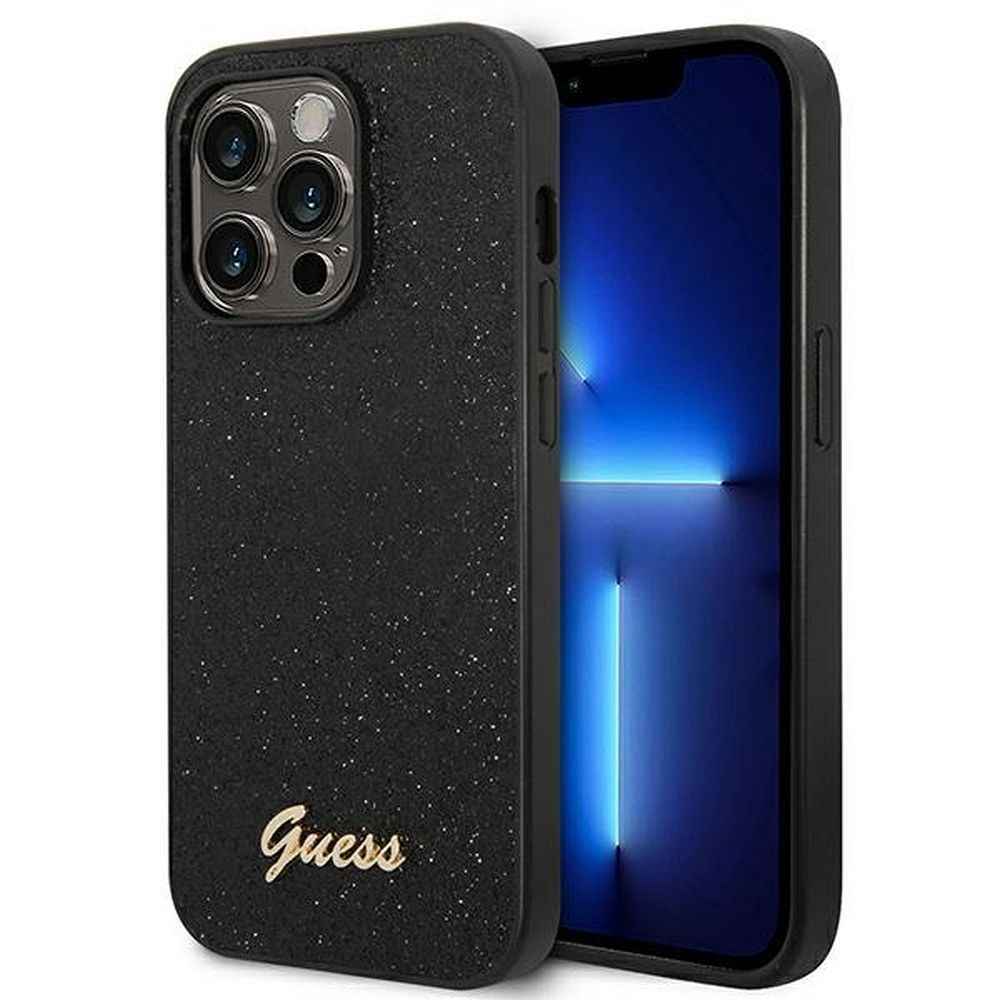 GUESS futerał do IPHONE 14 Pro GUHCP14LHGGSHK (Glitter Flakes Script Metal Logo) czarny