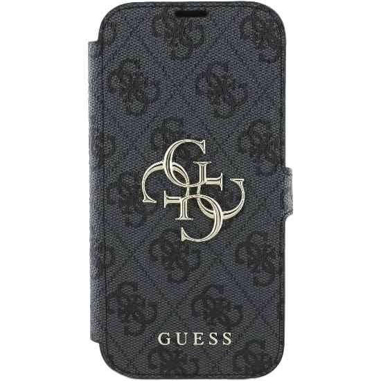 Etui do iPhone 16 Pro zamykane z podstawką Guess 4G Metal Logo, czarna ze złotymi elementami