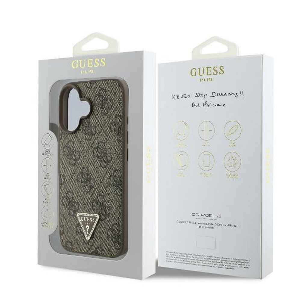GUESS Etui do iPhone 16 GUHCP16SP4TDPW (PU Leather 4G Triangle Strass) brązowy