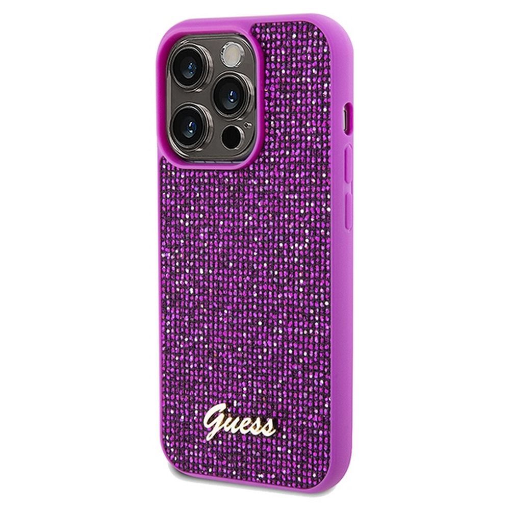 Grafika przedstawia produkt GUESS Etui do iPhone 14 Pro GUHCP14LPMSDGSF (Disco Script Metal) fuksja dostępny w sklepie Etui24.