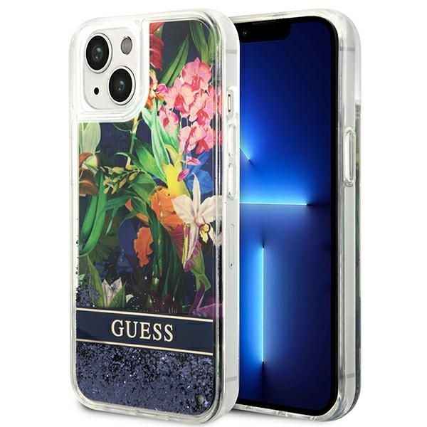 GUESS Etui do iPhone 13 / 14 / 15 GUHCP14SLFLSB (Flower Liquid Glitter) niebieski