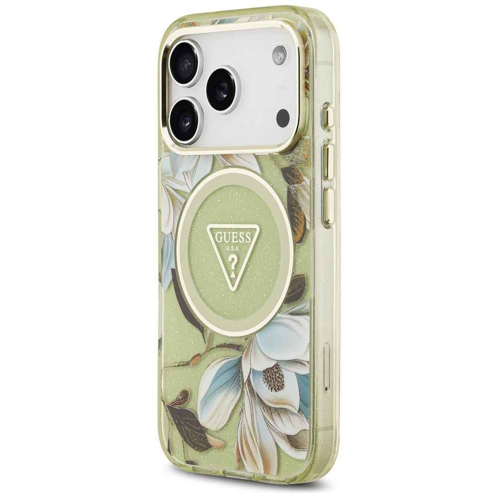 GUESS futerał do IPHONE 17 Pro kompatybilny z MagSafe GUHMP17LHFLPEDN (IML Metal Glitter Flowers Triangle) zielony