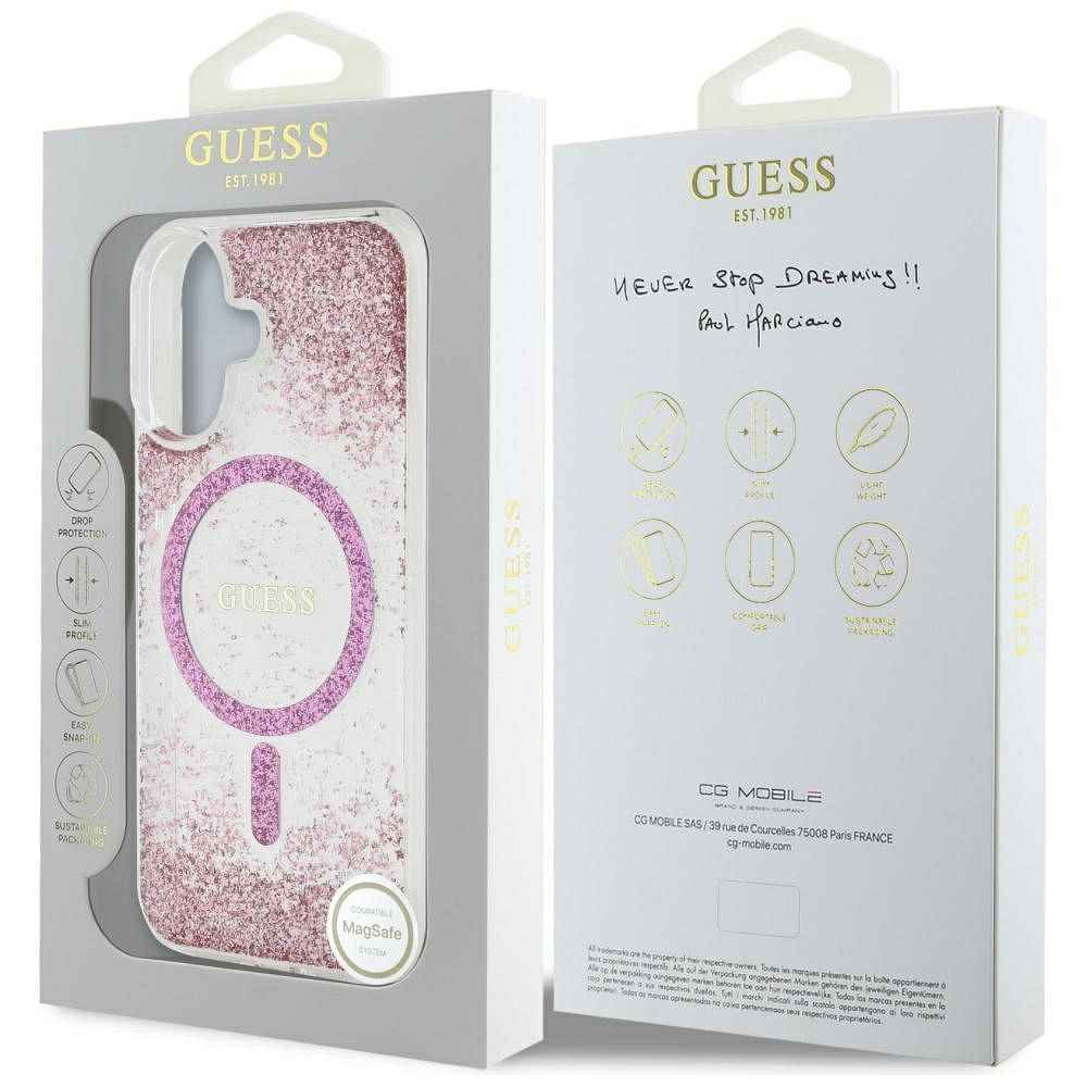 GUESS futerał do IPHONE 16 kompatybilny z MagSafe GUHMP16SRGRGEP (Resin Bottom Glitter) różowy