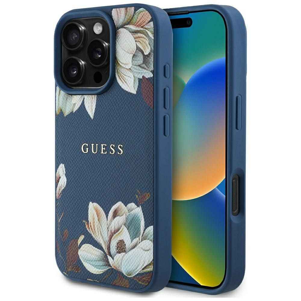 GUESS futerał do IPHONE 16 Pro Max kompatybilny z MagSafe GUHMP16XPGNMPLMB (PU Grained Flowers Classic Logo) niebieski