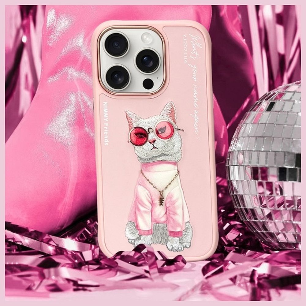 Grafika przedstawia NIMMY futerał GLASSES COOL CAT do iPhone 16 Pro Max różowy