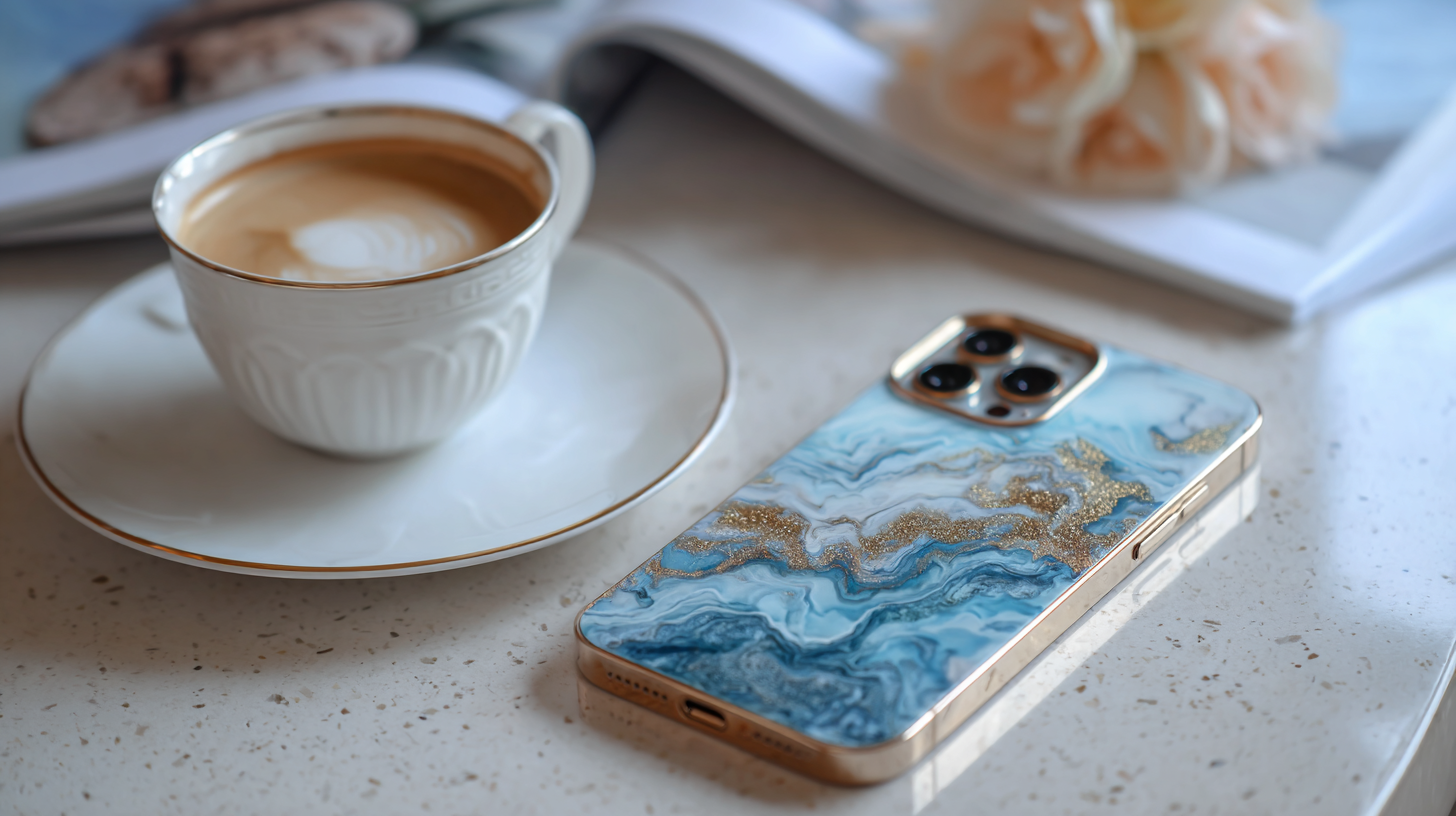 Telefon w futerale na telefon leżący na stole obok filiżanki kawy