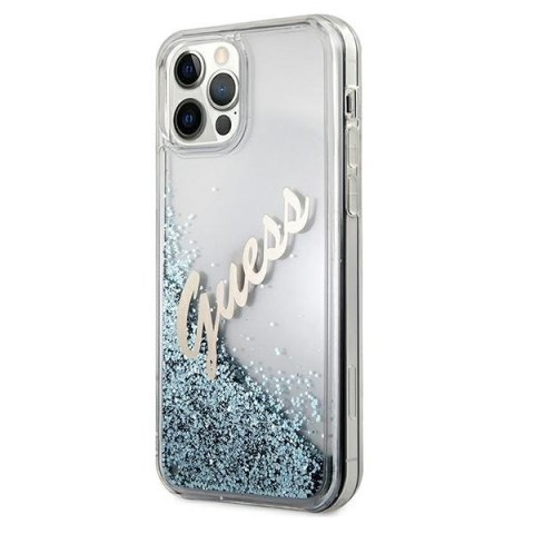 Etui na telefon iPhone 12 Pro Max Guess Glitter Vintage Script niebieski