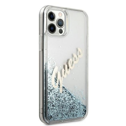 Etui na telefon iPhone 12 Pro Max Guess Glitter Vintage Script niebieski