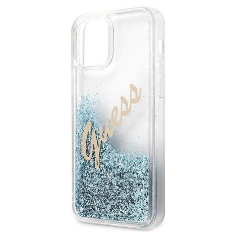 Etui na telefon iPhone 12 Pro Max Guess Glitter Vintage Script niebieski