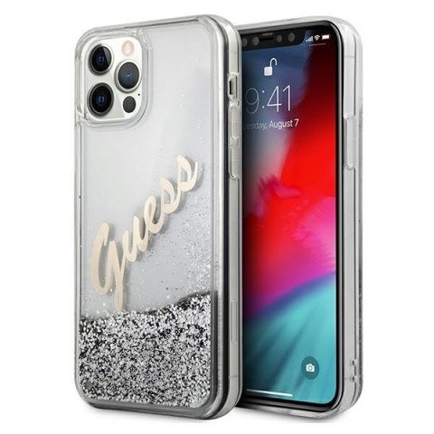 Etui iPhone 12 Pro Max Guess GUHCP12LGLVSSI srebrny hardcase Glitter Vintage Script