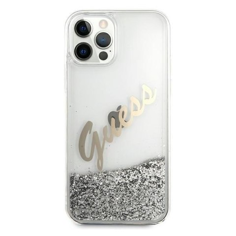 Etui iPhone 12 Pro Max Guess GUHCP12LGLVSSI srebrny hardcase Glitter Vintage Script