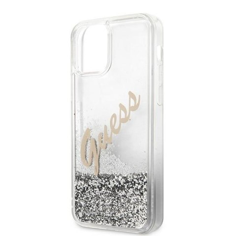 Etui iPhone 12 Pro Max Guess GUHCP12LGLVSSI srebrny hardcase Glitter Vintage Script